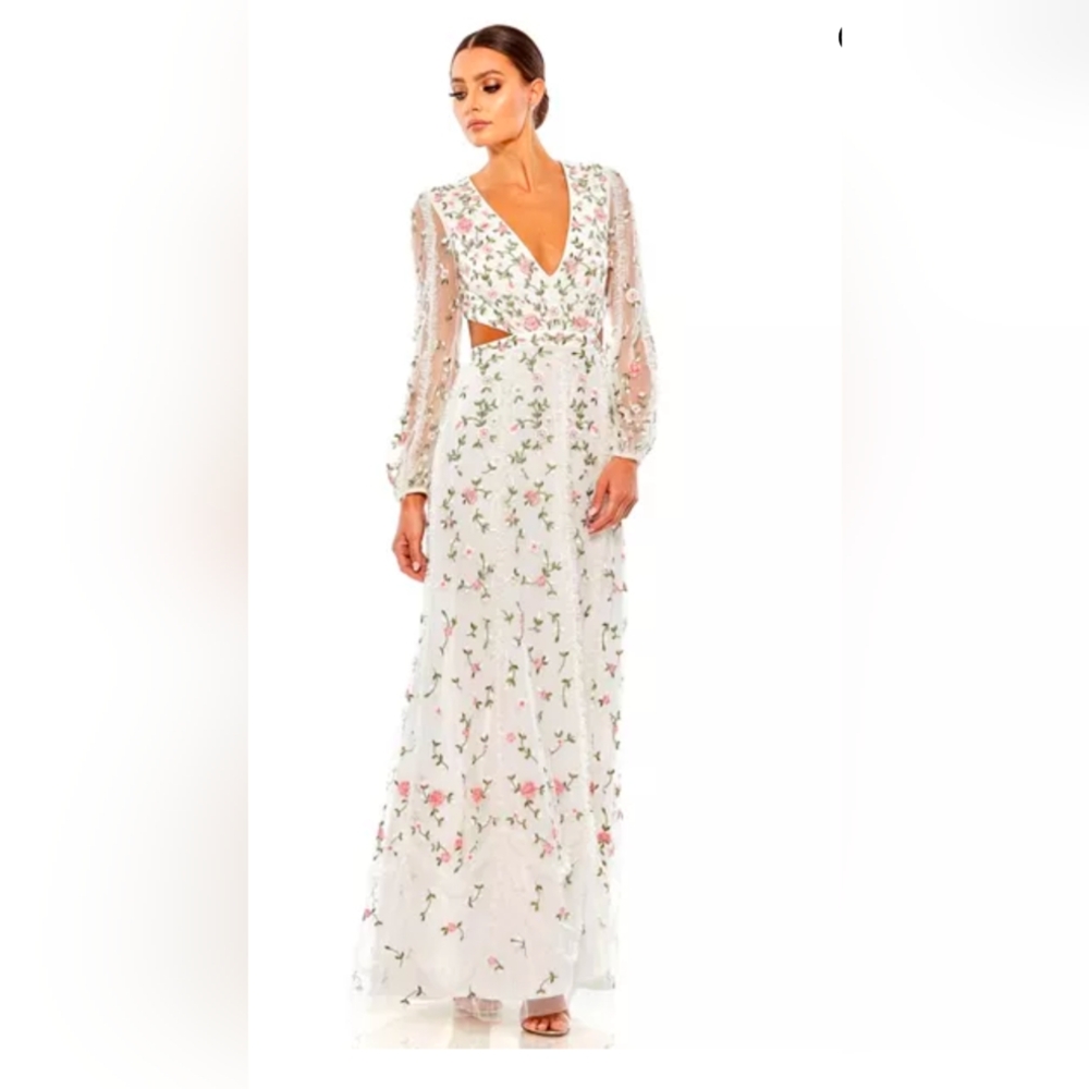 Mac Duggal Embroidered Long Illusion Sleeve Sheath Gown